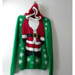 Ugly Christmas Sweater Hooded Green Santa Claus Snowflakes Size S  X-Mas Holiday